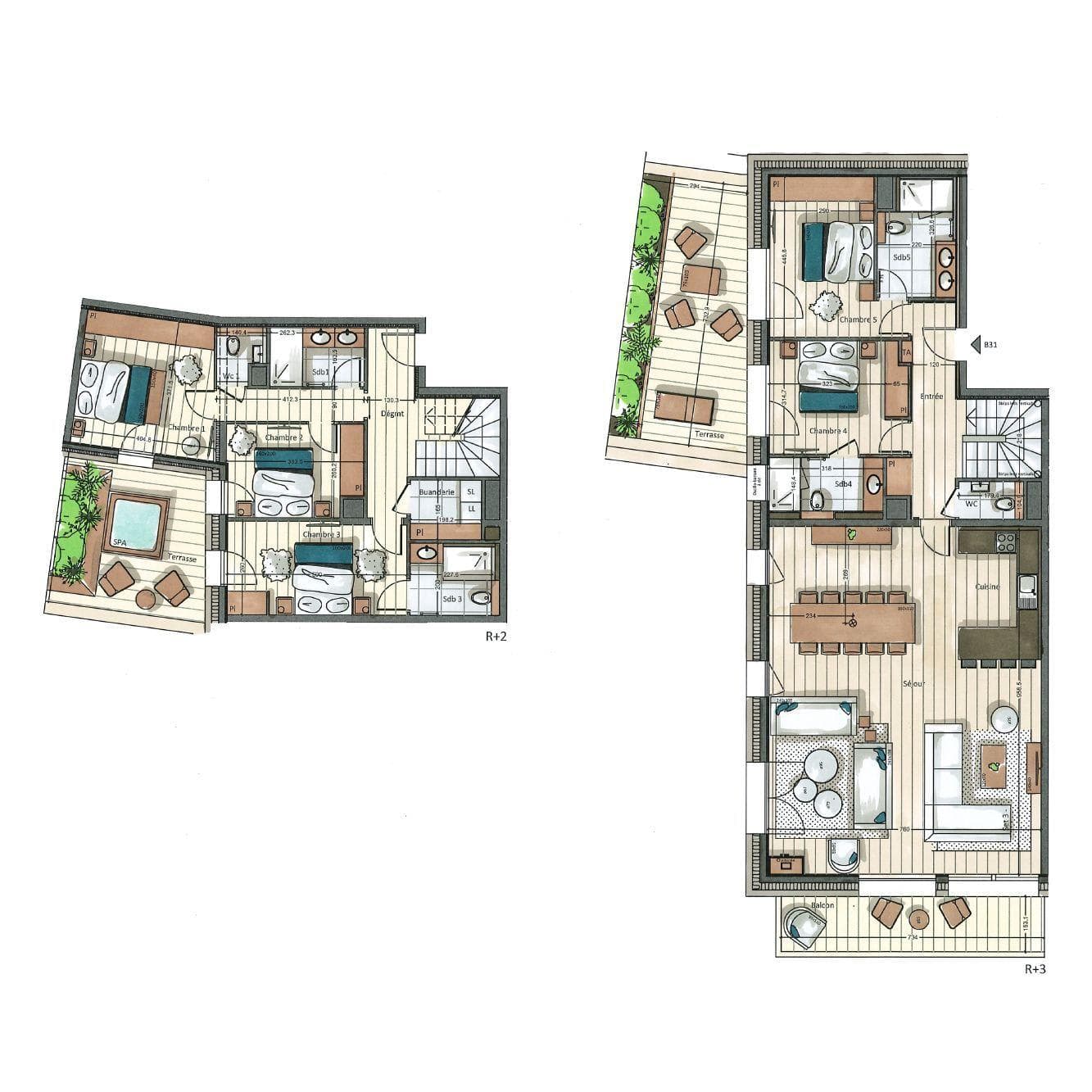 Two-level layout with five en-suite bedrooms and private hot tub terrace