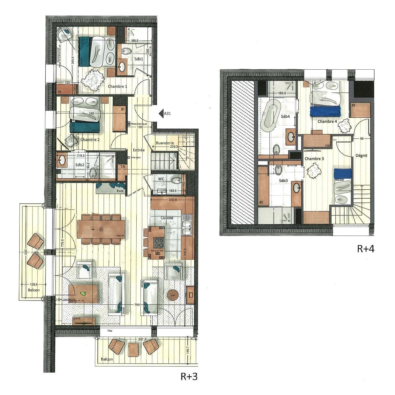 Two-story floor plan: four bedrooms, private laundry, and dual balconies