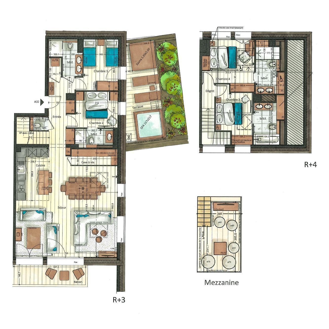Floor plan: R+3 living area, R+4 bedrooms, mezzanine, and terrace with spa