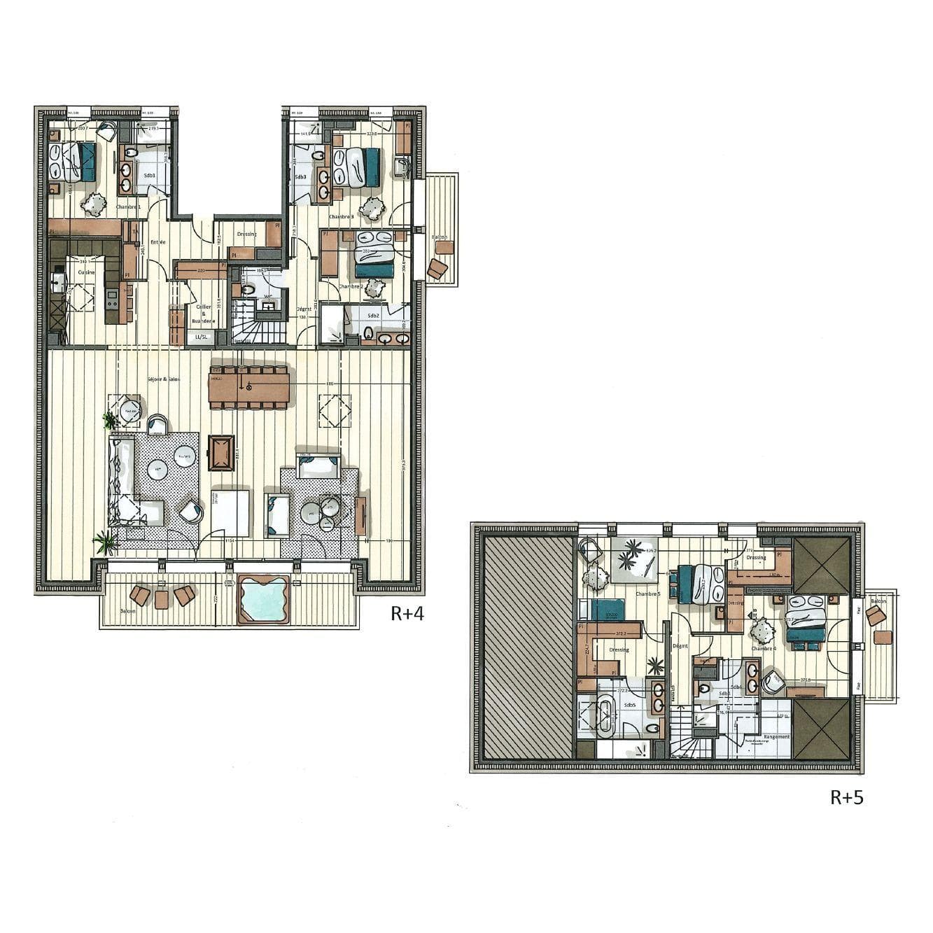 Two-level floor plan: open living area, five bedrooms, and balcony with hot tub