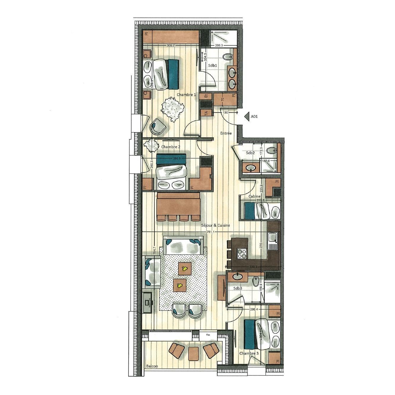 Floor plan: three bedrooms, bunk cabin, three bathrooms, and balcony