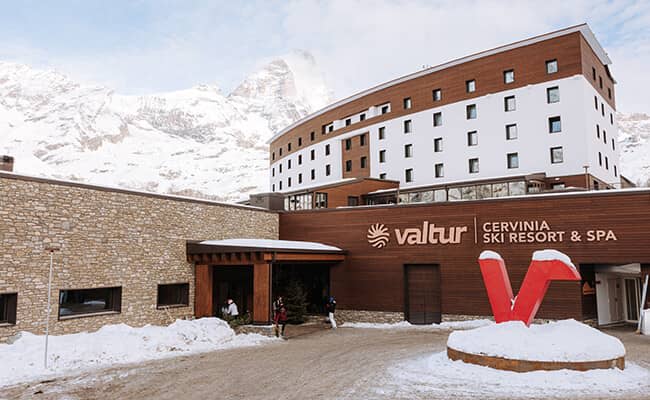 Ski-in ski-out resort entrance with Matterhorn mountain backdrop