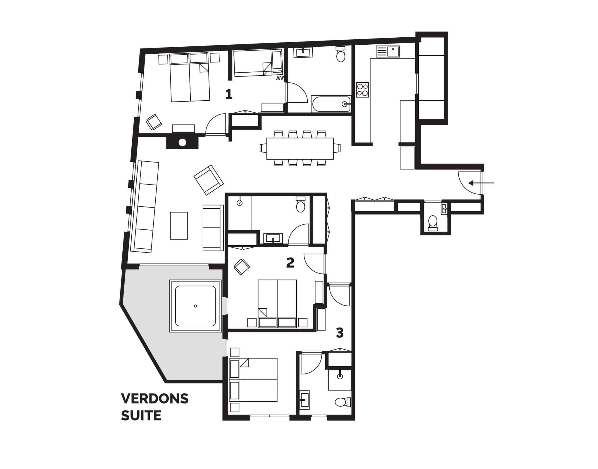 Floor plan: three bedrooms, open-plan living, and terrace with private hot tub