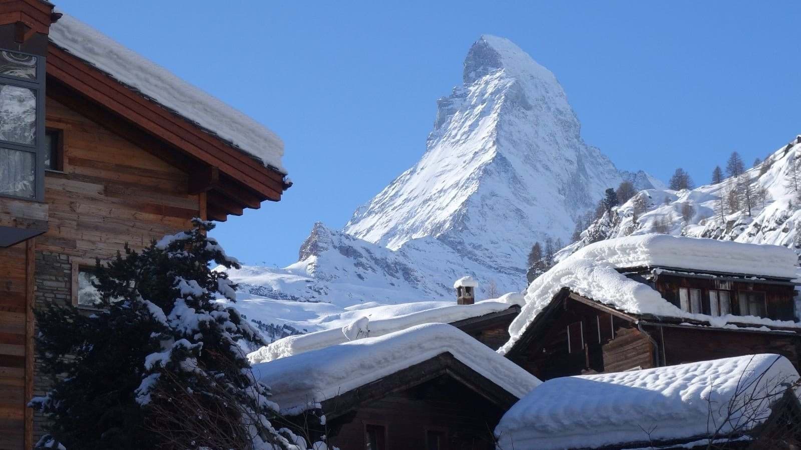 Chalet balcony view of the Matterhorn and Zermatt village