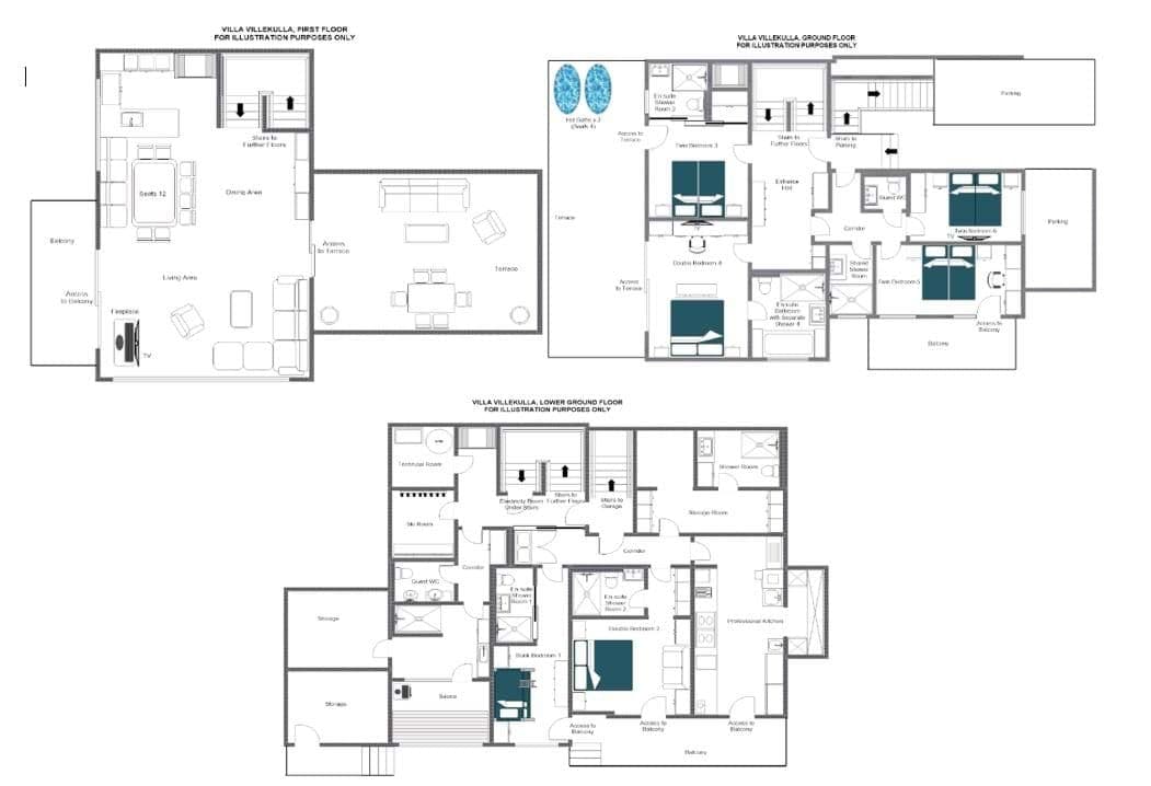 Floor plans for three levels including 6 bedrooms, sauna, and outdoor hot tubs