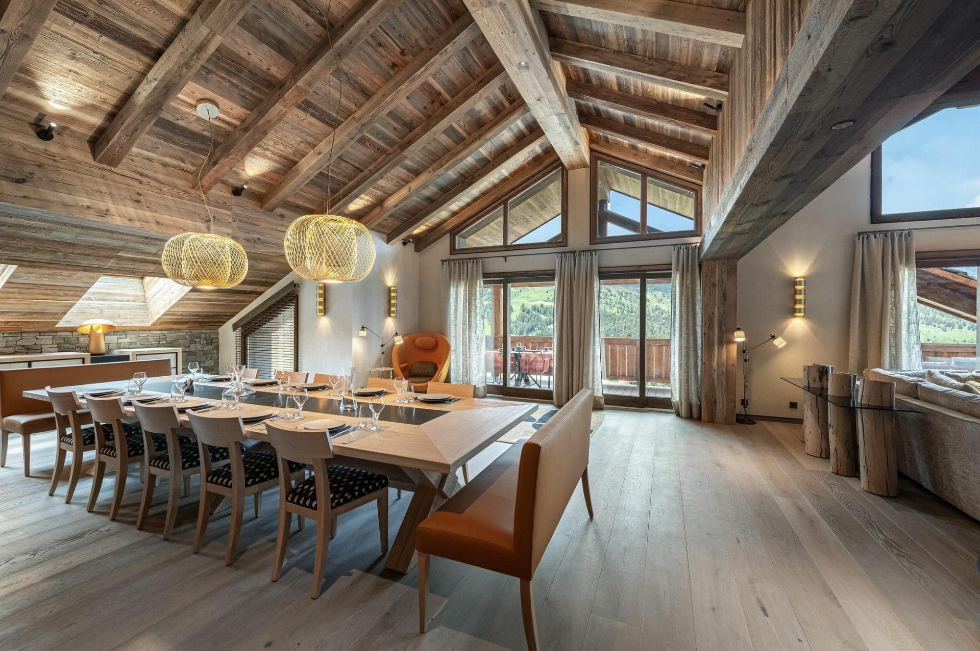 Dining area with seating for 12; vaulted ceilings and mountain views