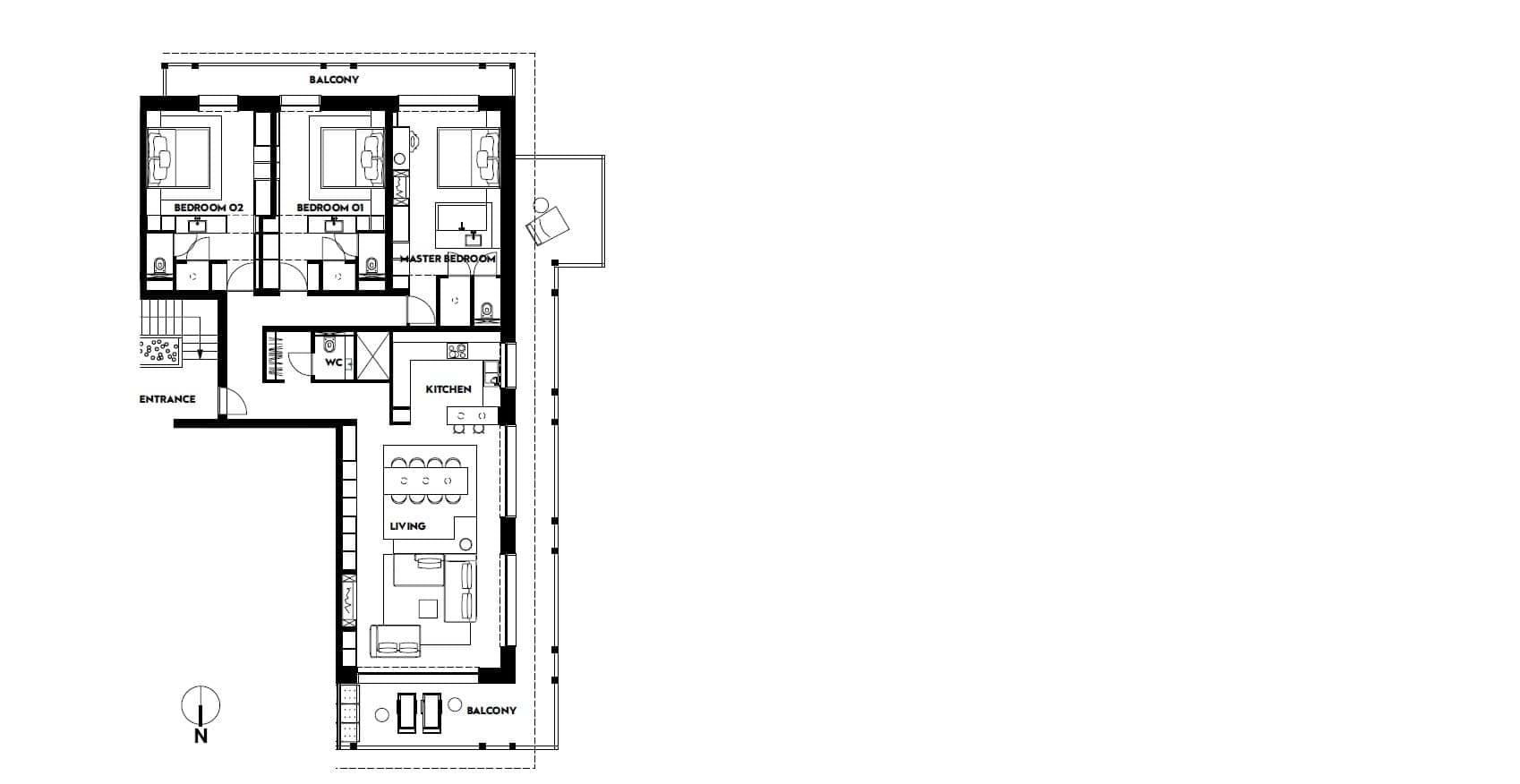 Floor plan: three bedrooms, open-plan living area, and wrap-around balcony