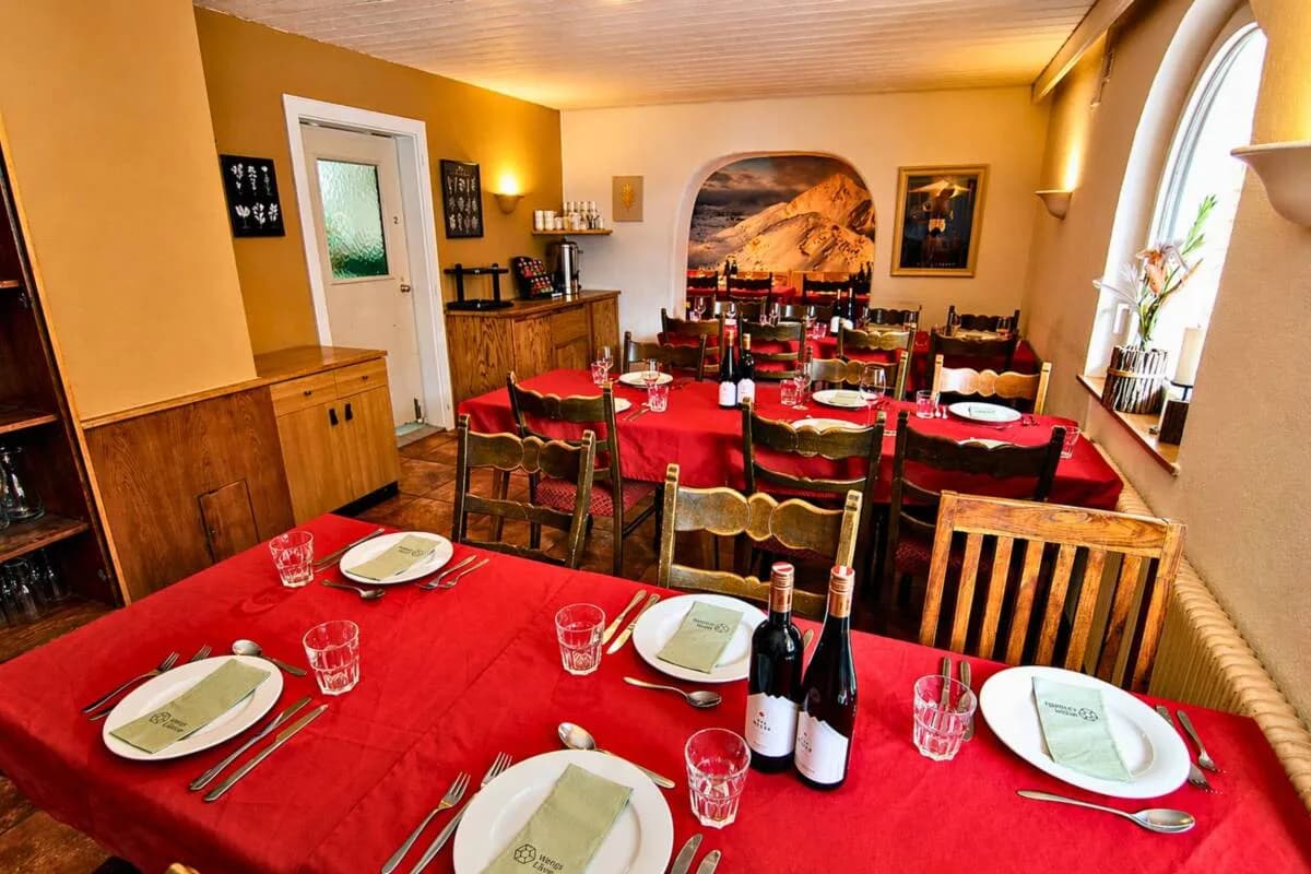 Shared dining room with long tables