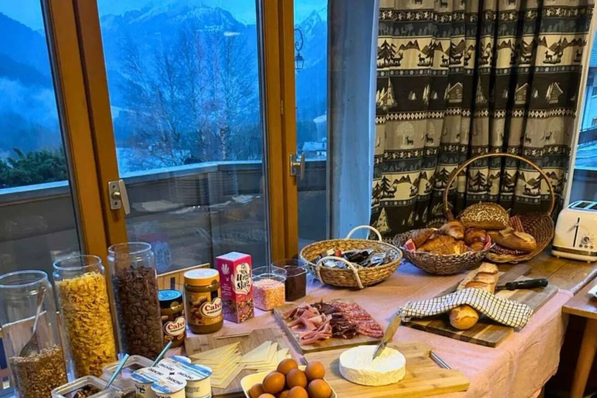 Breakfast buffet beside the dining room windows