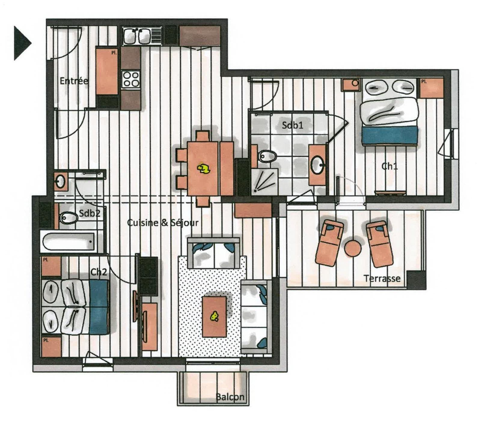 Floor plan: two bedrooms, two bathrooms, open living area, terrace, and balcony