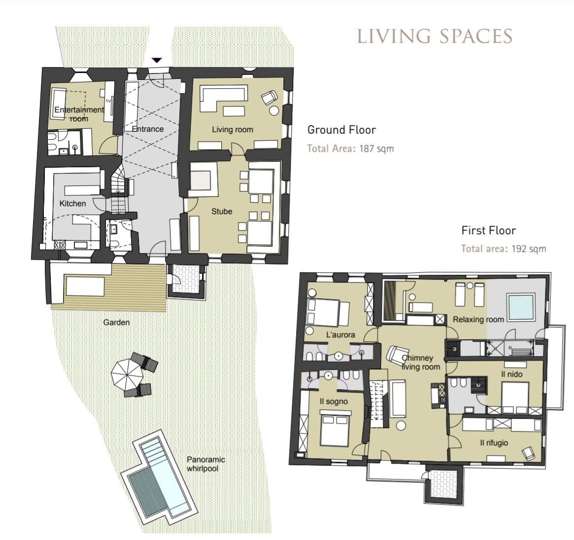Two-level floor plan with four bedrooms and outdoor panoramic whirlpool