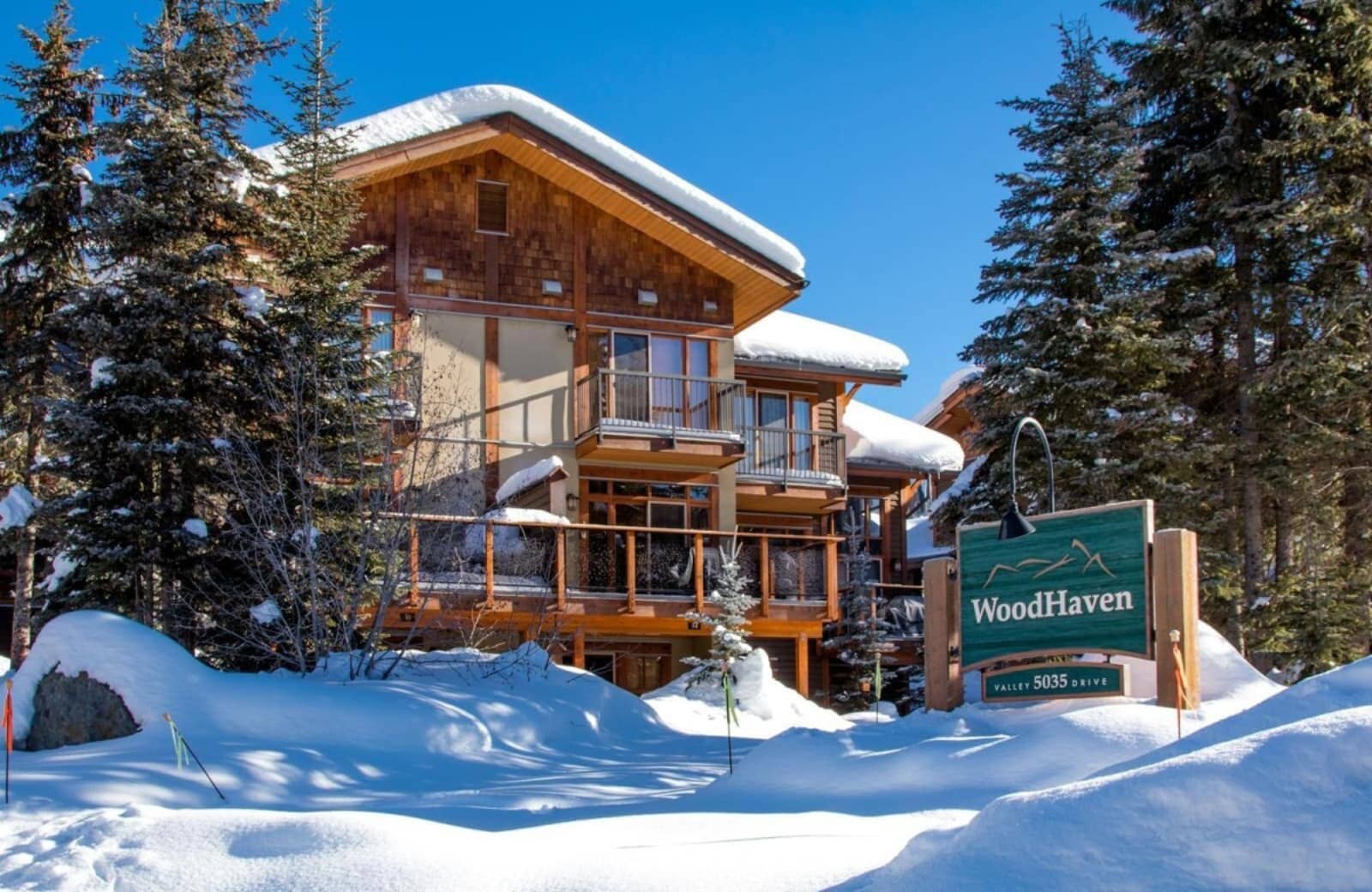 WoodHaven exterior with private balconies and snow-covered grounds