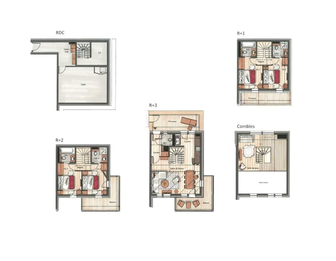 Five-floor layout: basement storage, four bedrooms, living area, and top-floor mezzanine