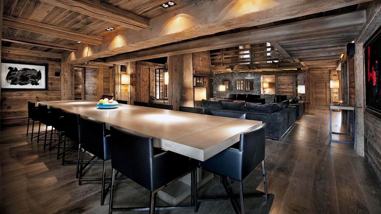 Dining area with seating for 12; reclaimed wood architecture