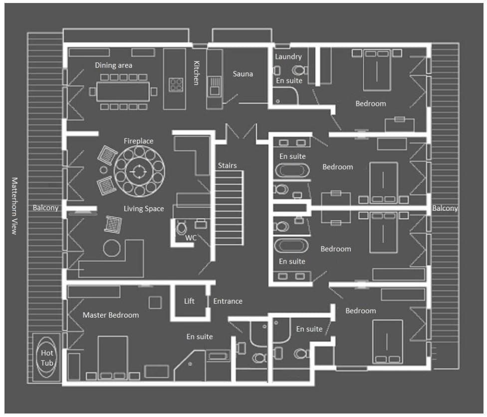 Floor plan: five bedrooms with en suites, sauna, and balcony hot tub