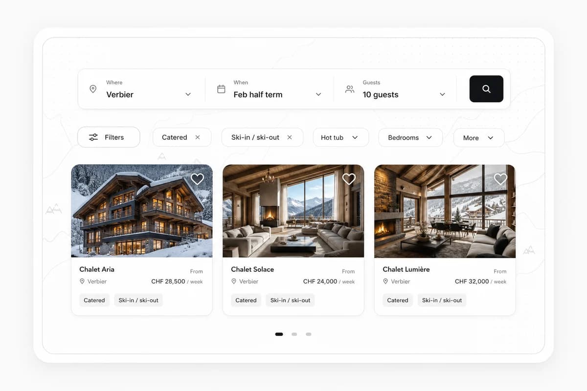 Illustration of Powder Edition flexible ski accommodation search filters and matched property results