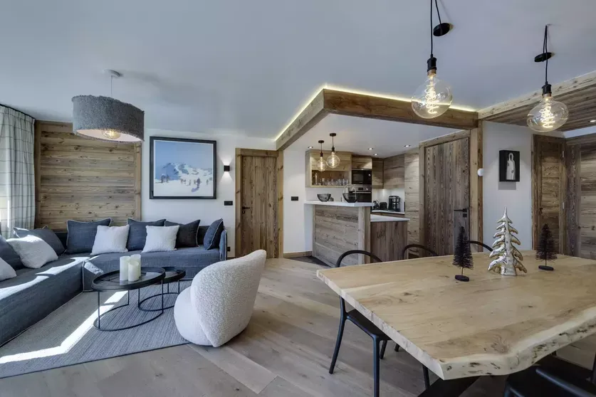 Open-plan living and dining area with kitchen counter