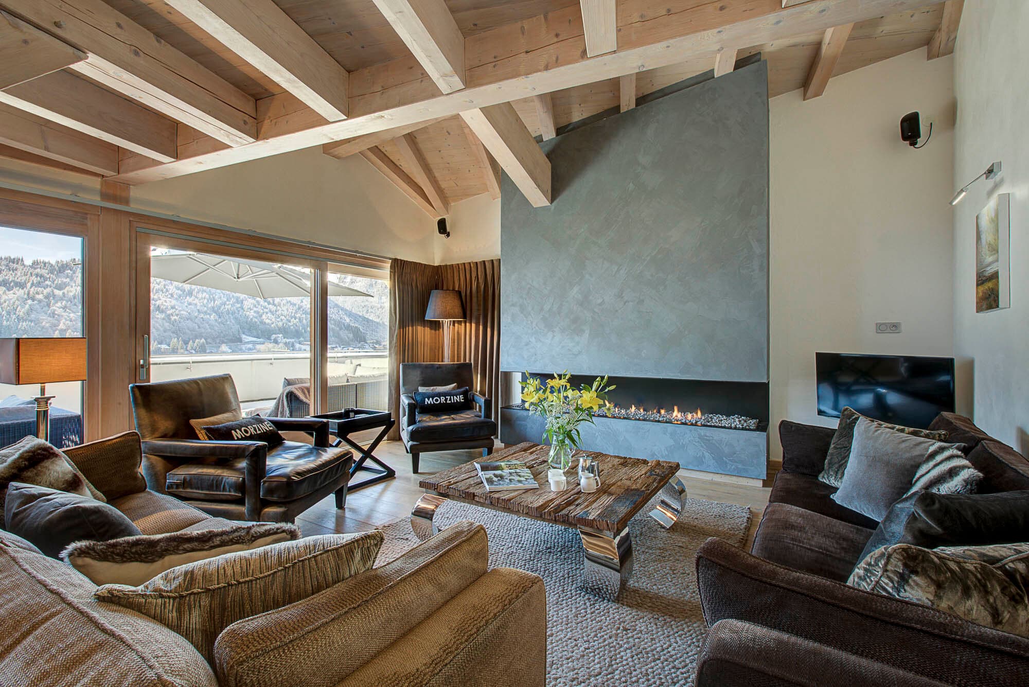 Living room with a modern fireplace and valley views
