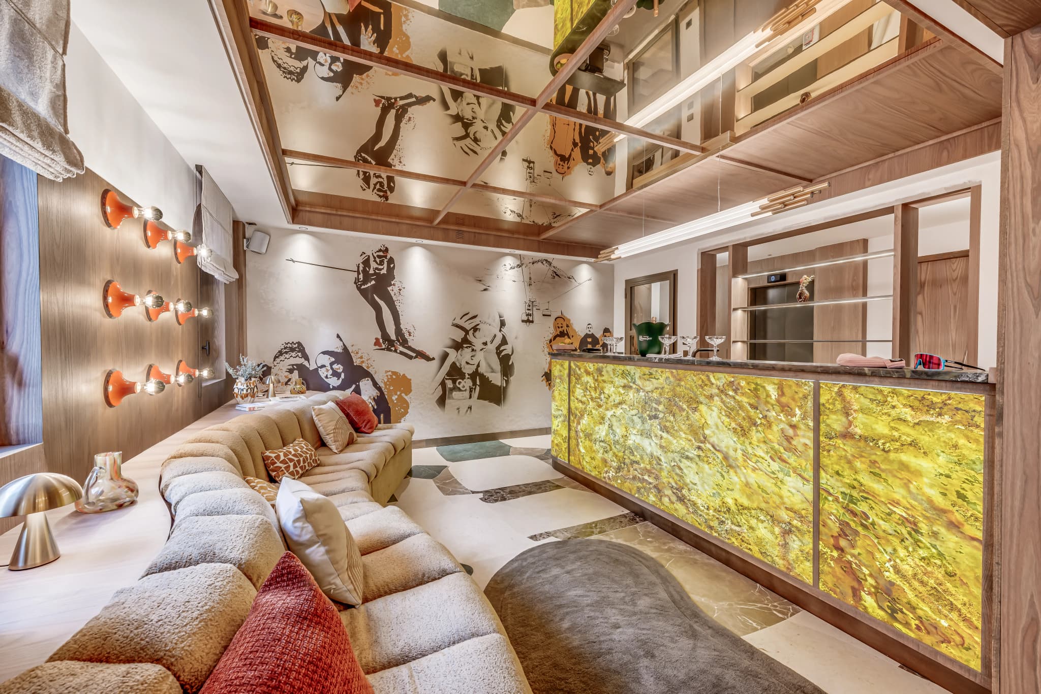 Private bar with backlit counter and lounge seating