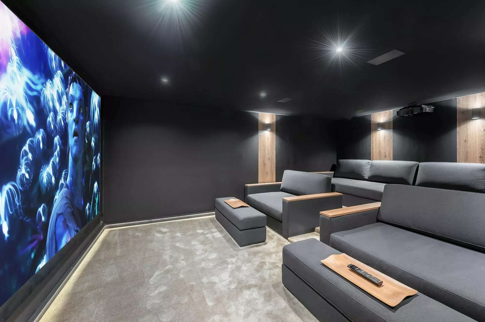 Tiered private cinema room with a large projection screen