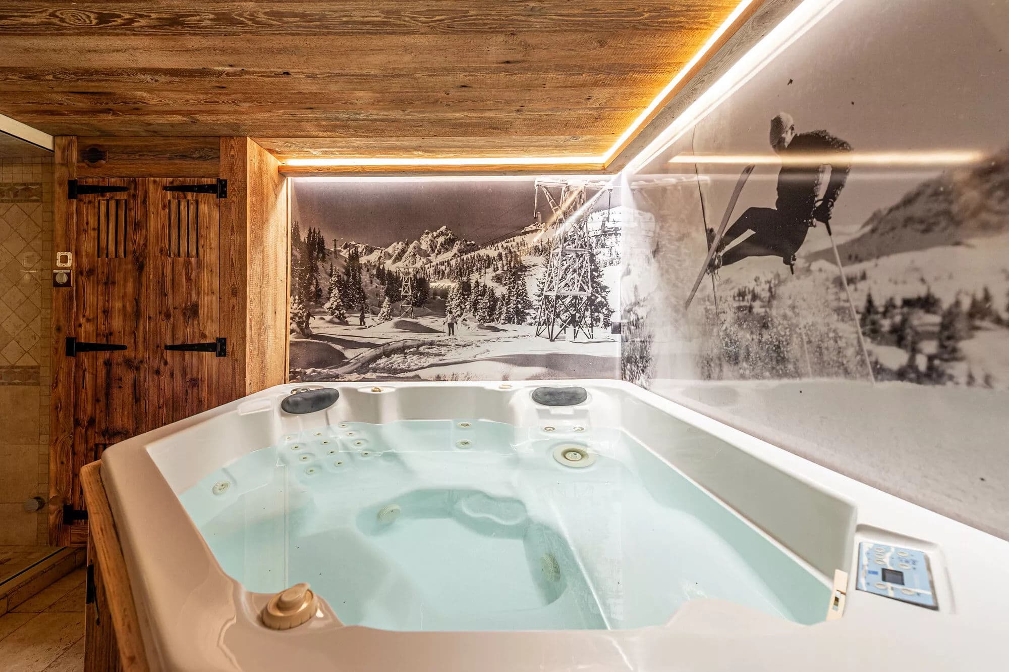 Indoor jacuzzi with timber walls and a monochrome mountain mural