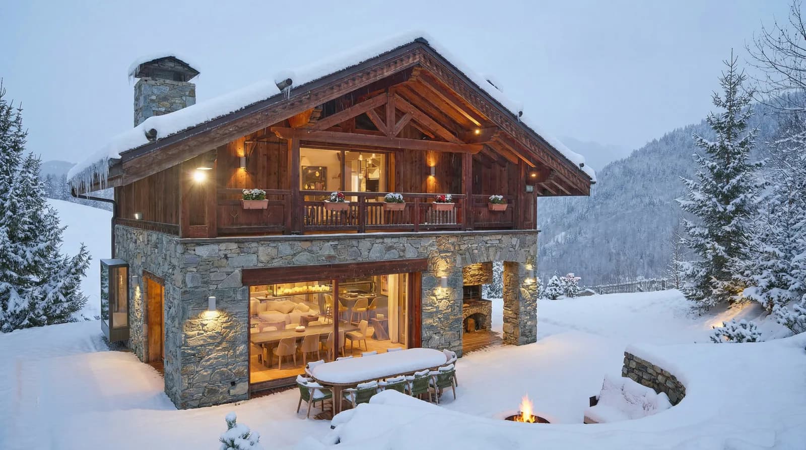 Illuminated stone-and-timber chalet exterior and fire pit at dusk