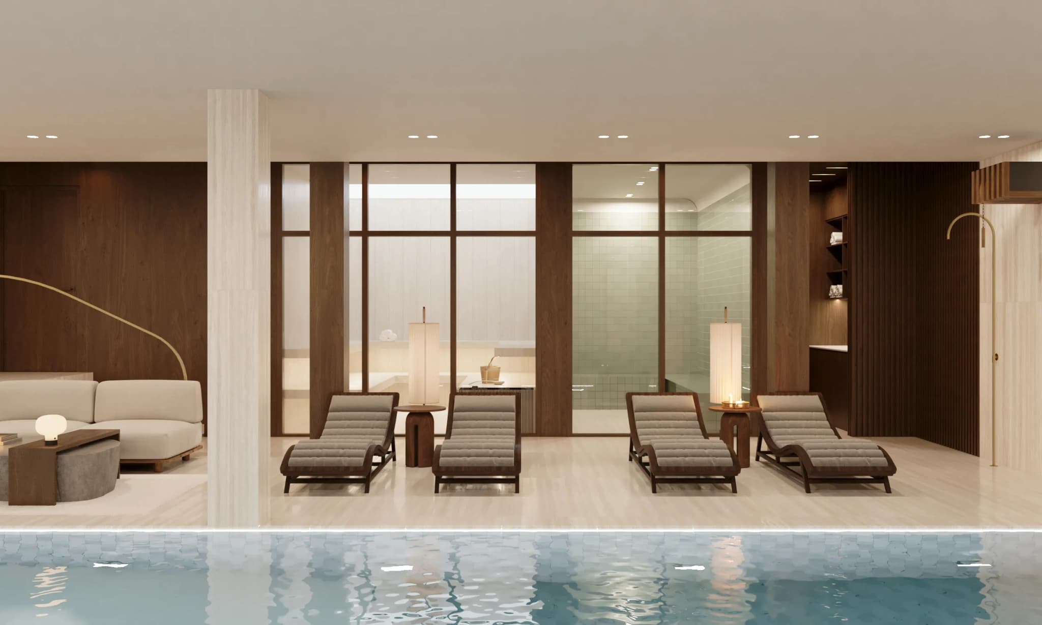 CGI illustration of the indoor pool and relaxation loungers