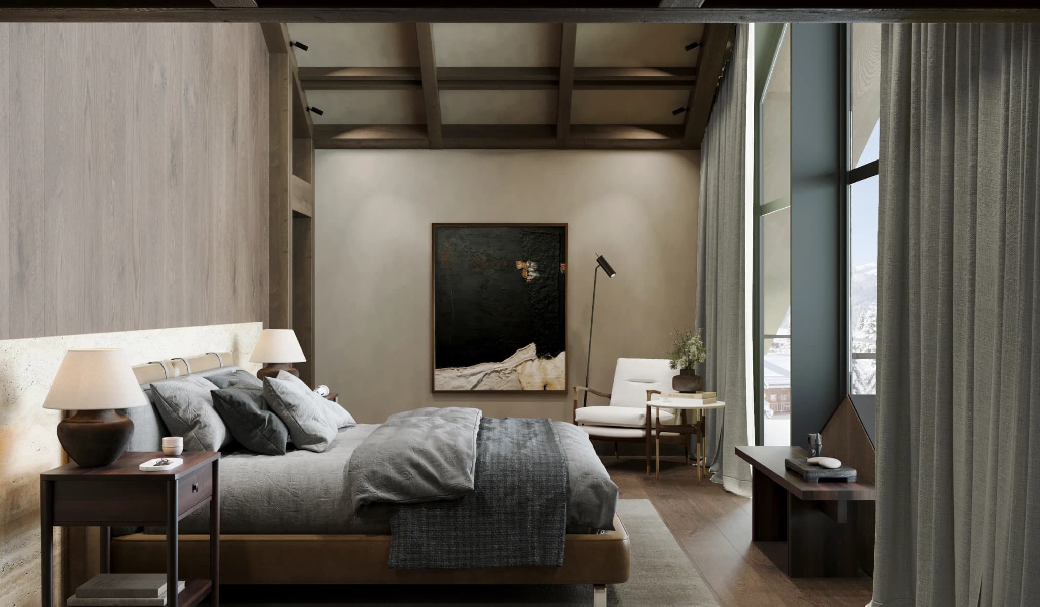 CGI illustration of a bedroom with timber finishes