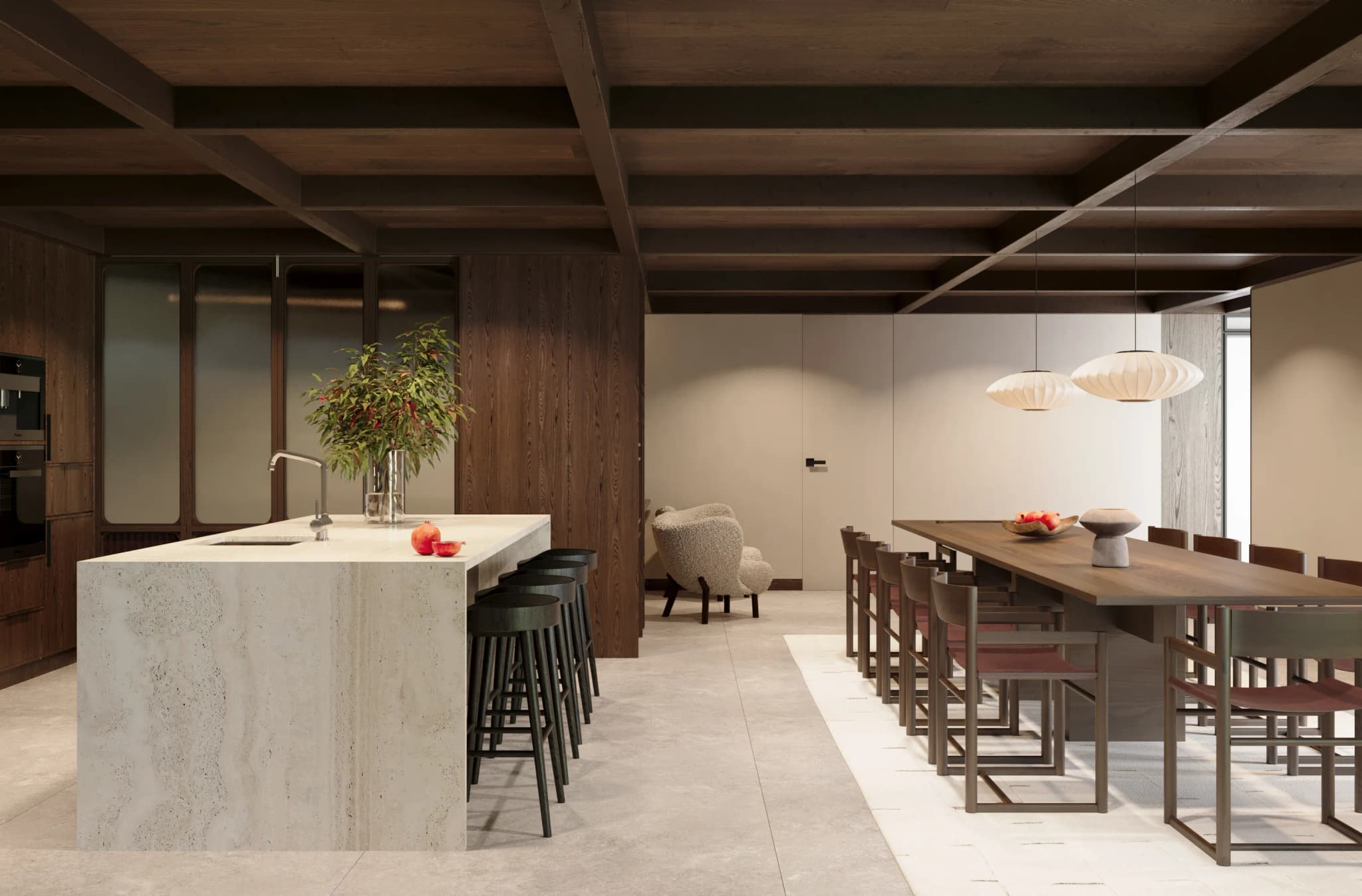 CGI illustration of the guest-facing kitchen and dining area