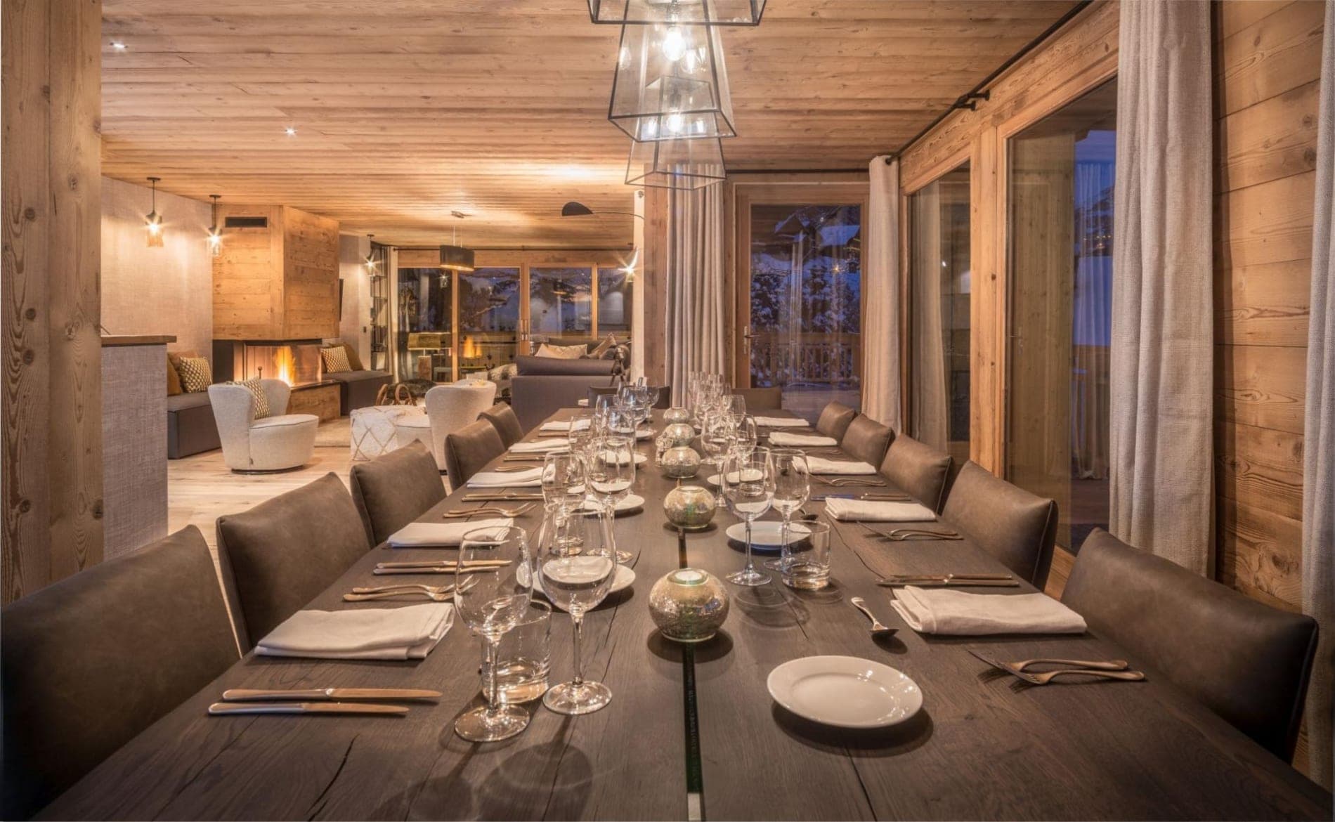 Dining table set for 12 in the open-plan living area