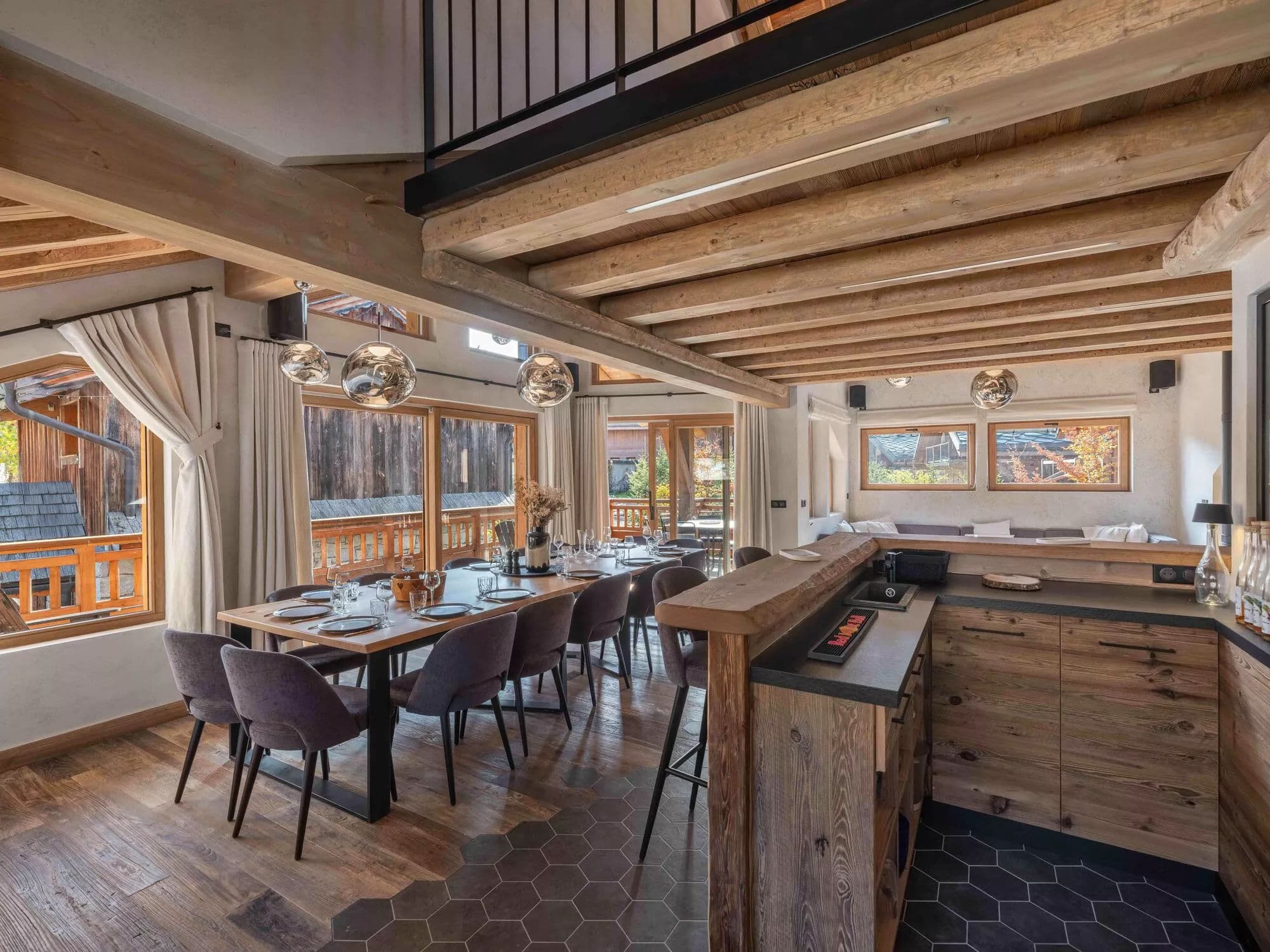 Open kitchen and dining area with terrace doors