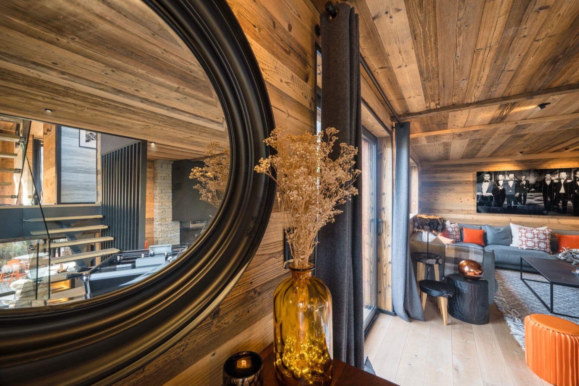 Larch-lined chalet interior with contemporary furnishings