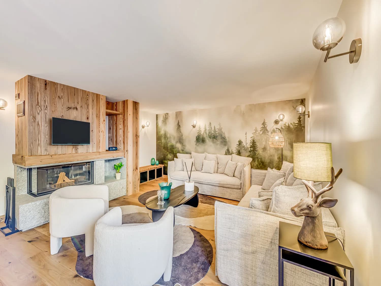 Lounge with a fireplace and upholstered seating