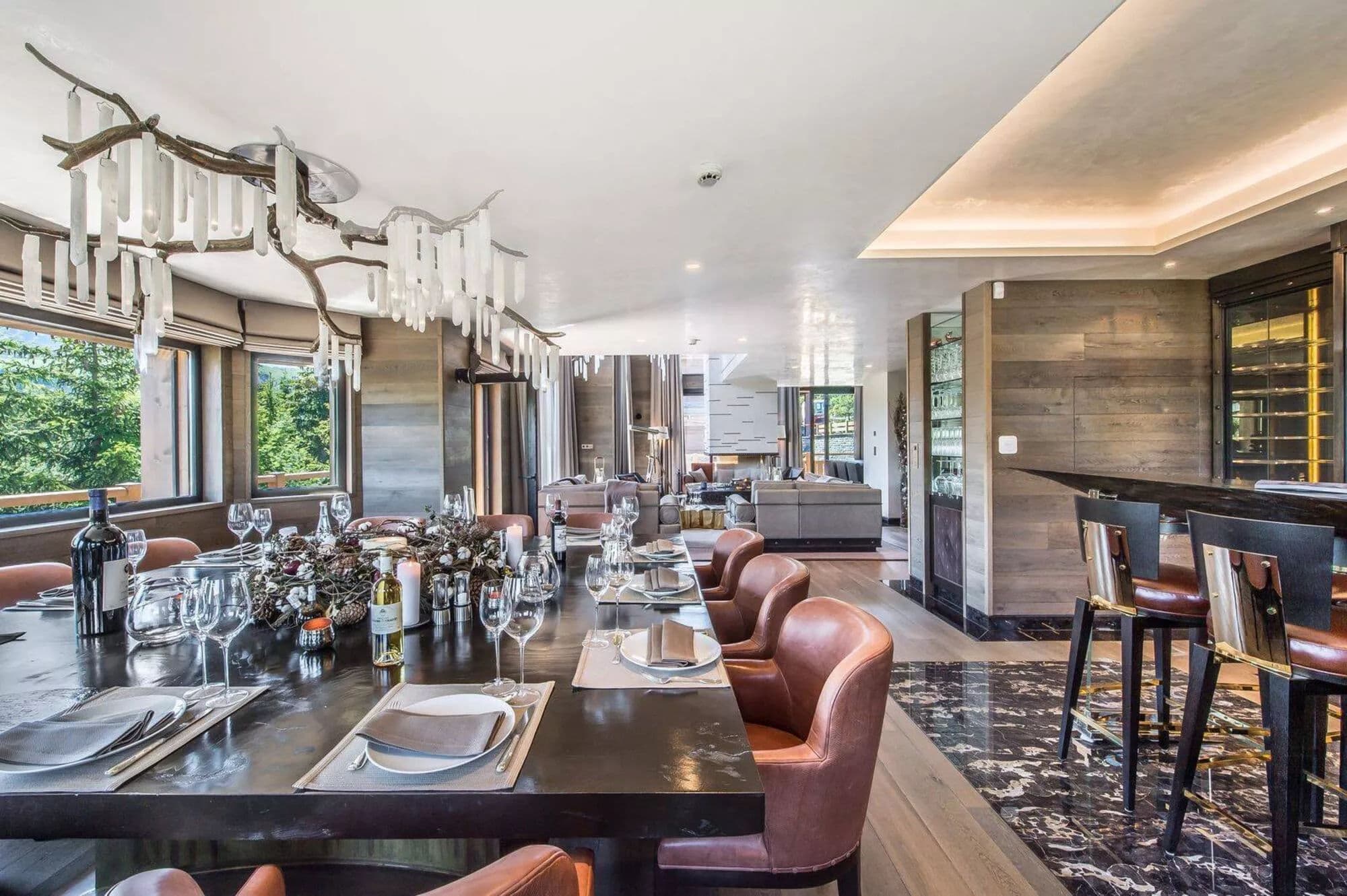 Dining table, bar and open-plan living area