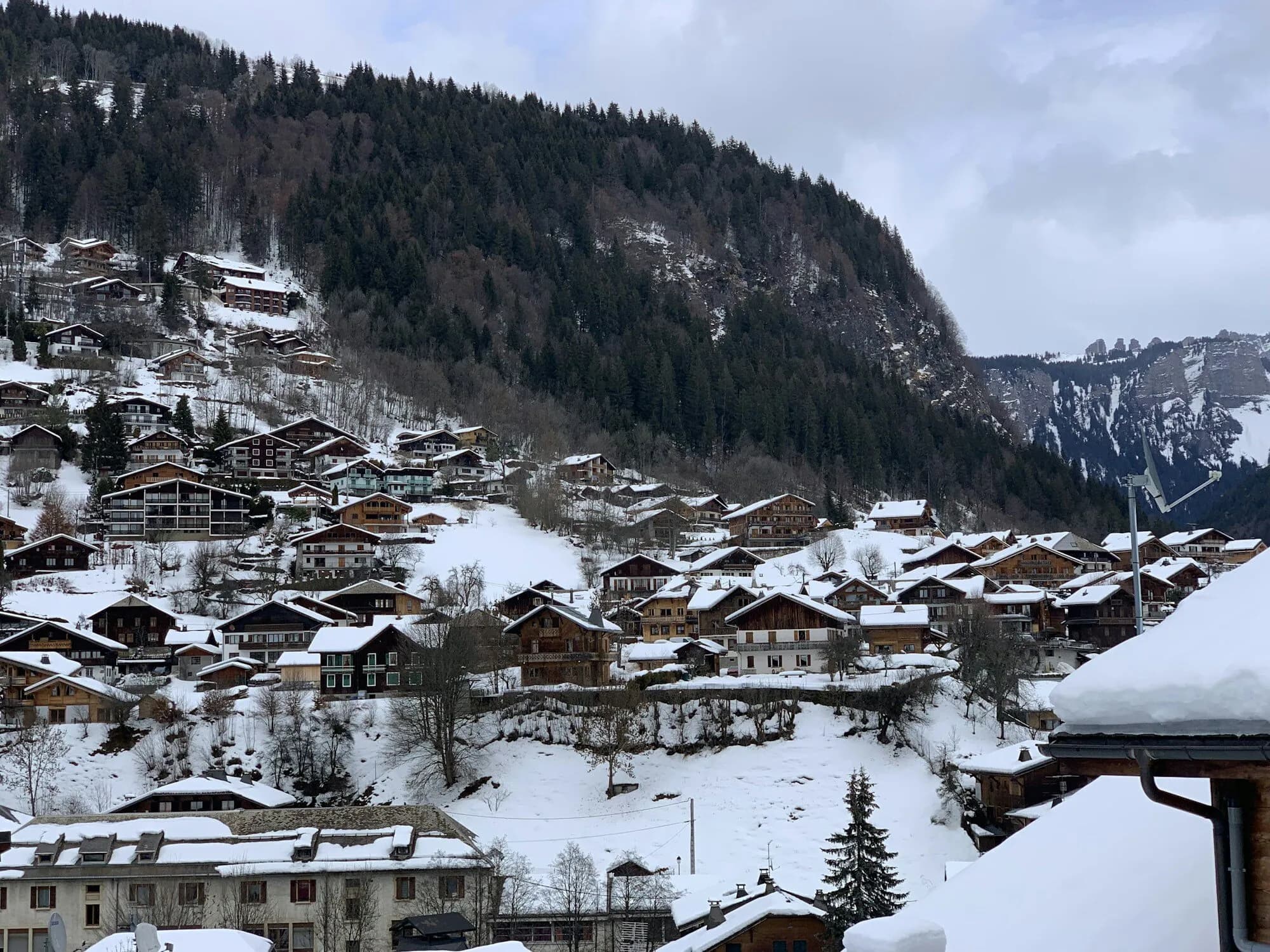 Snow-covered chalets climbing a hillside below a dark forested slope on an overcast day.