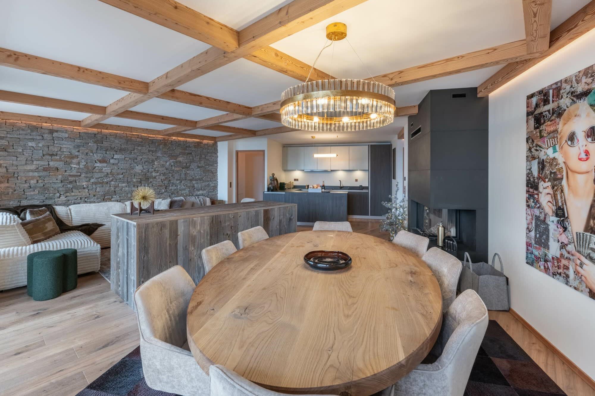 Dining area beside the wood fireplace