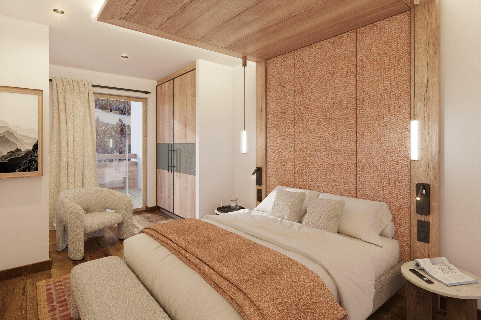 Double bedroom with timber ceiling and balcony doors
