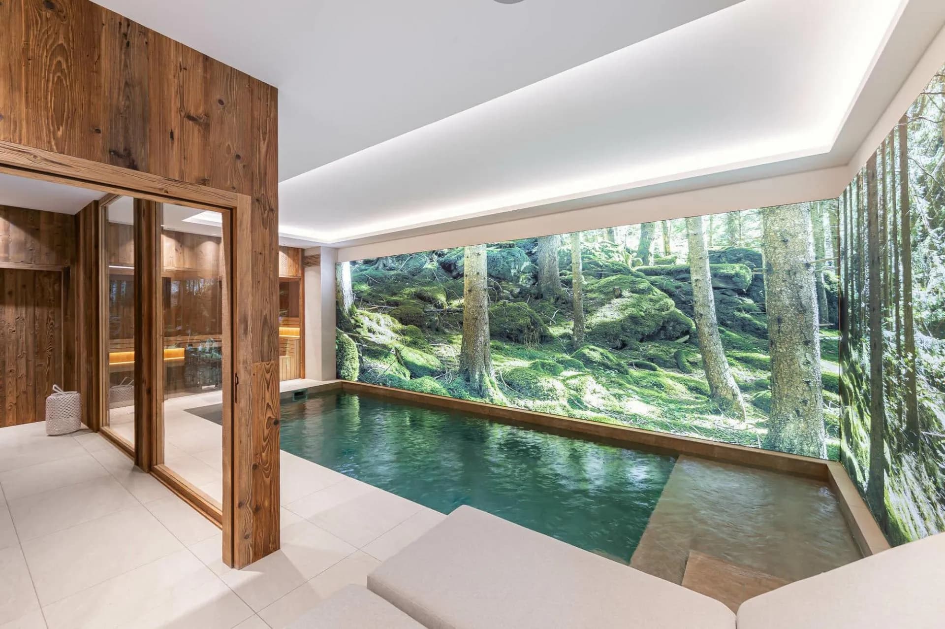 Indoor pool and sauna area with a floor-to-ceiling forest mural