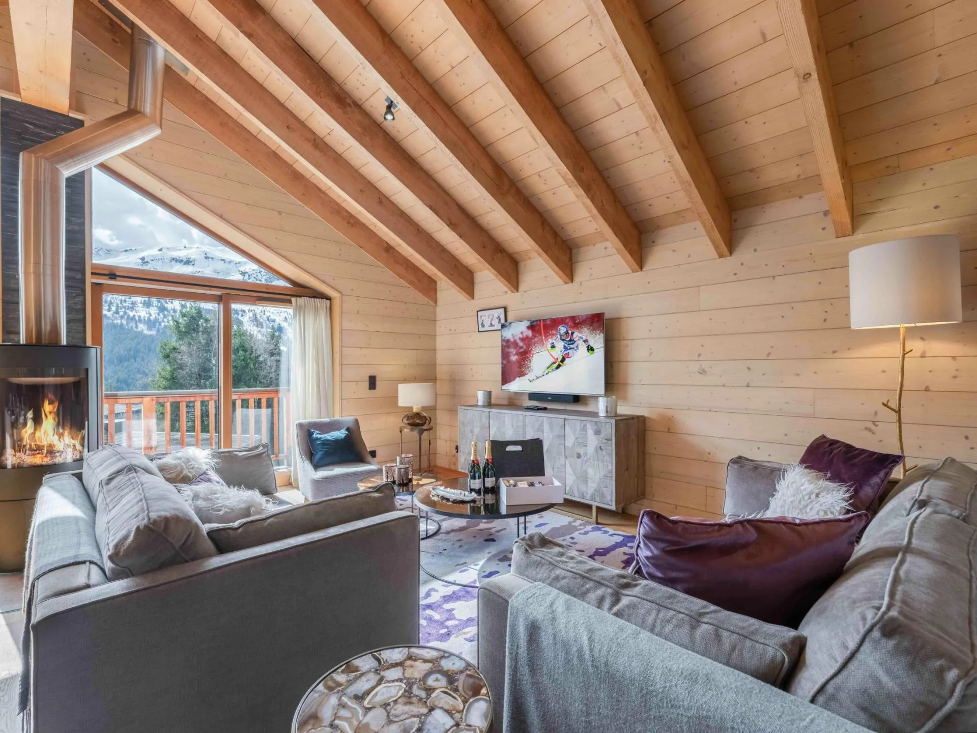 Living room with a wood-burning stove and mountain views