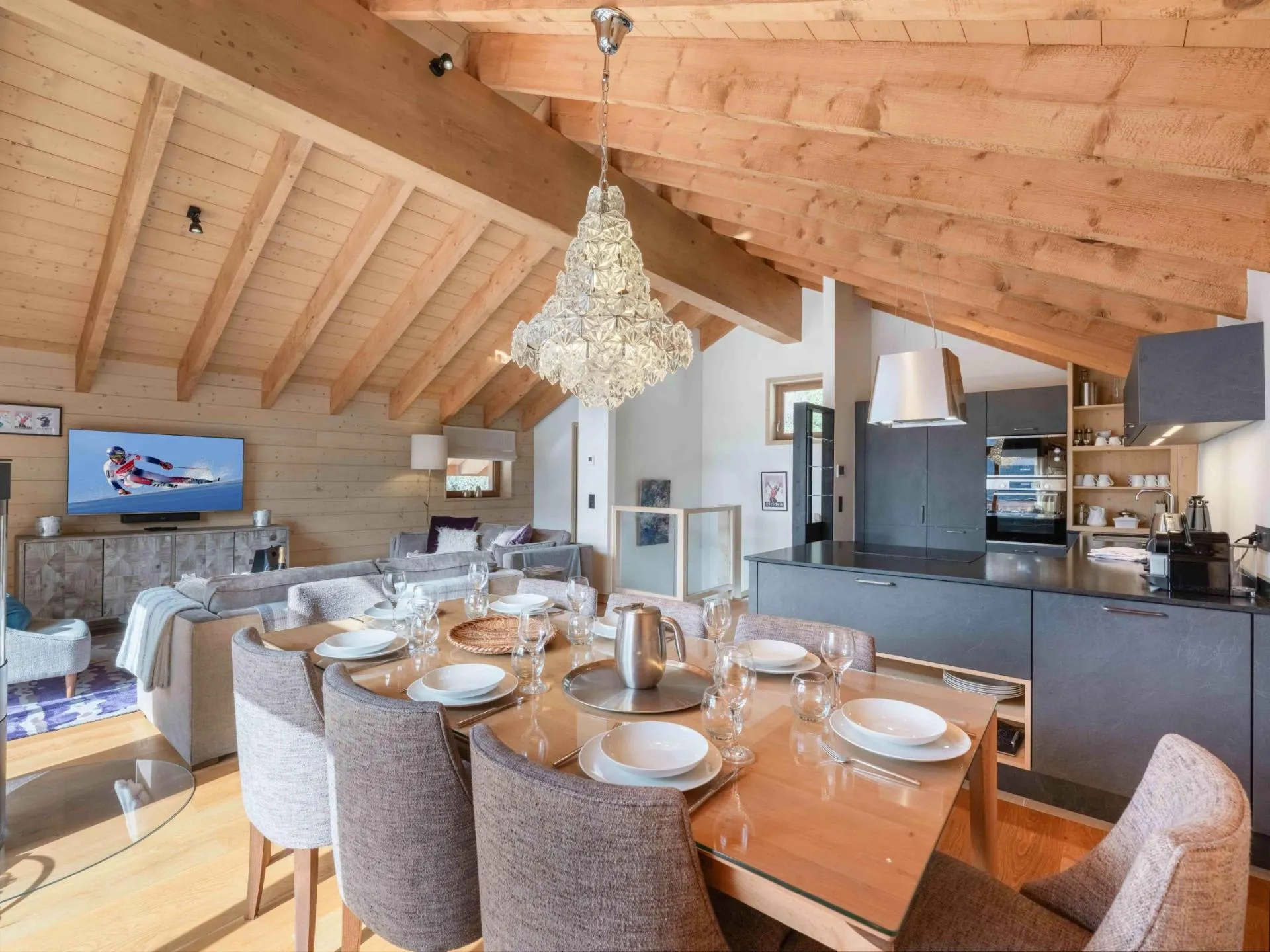 Open-plan living area with a dining table for eight