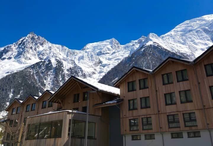 Timber-clad exterior with views of the Mont Blanc massif