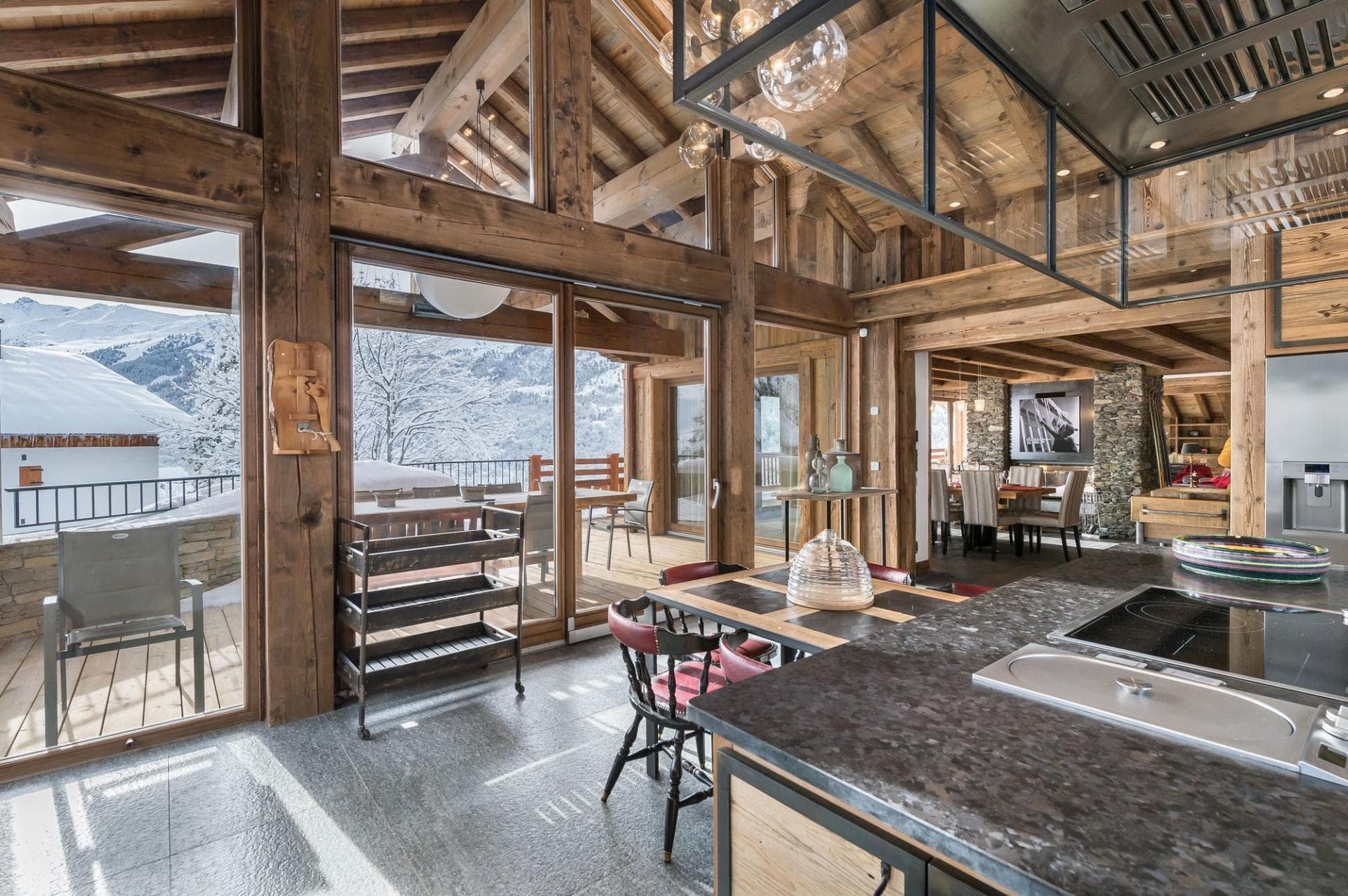 Semi-professional kitchen with an island and mountain views