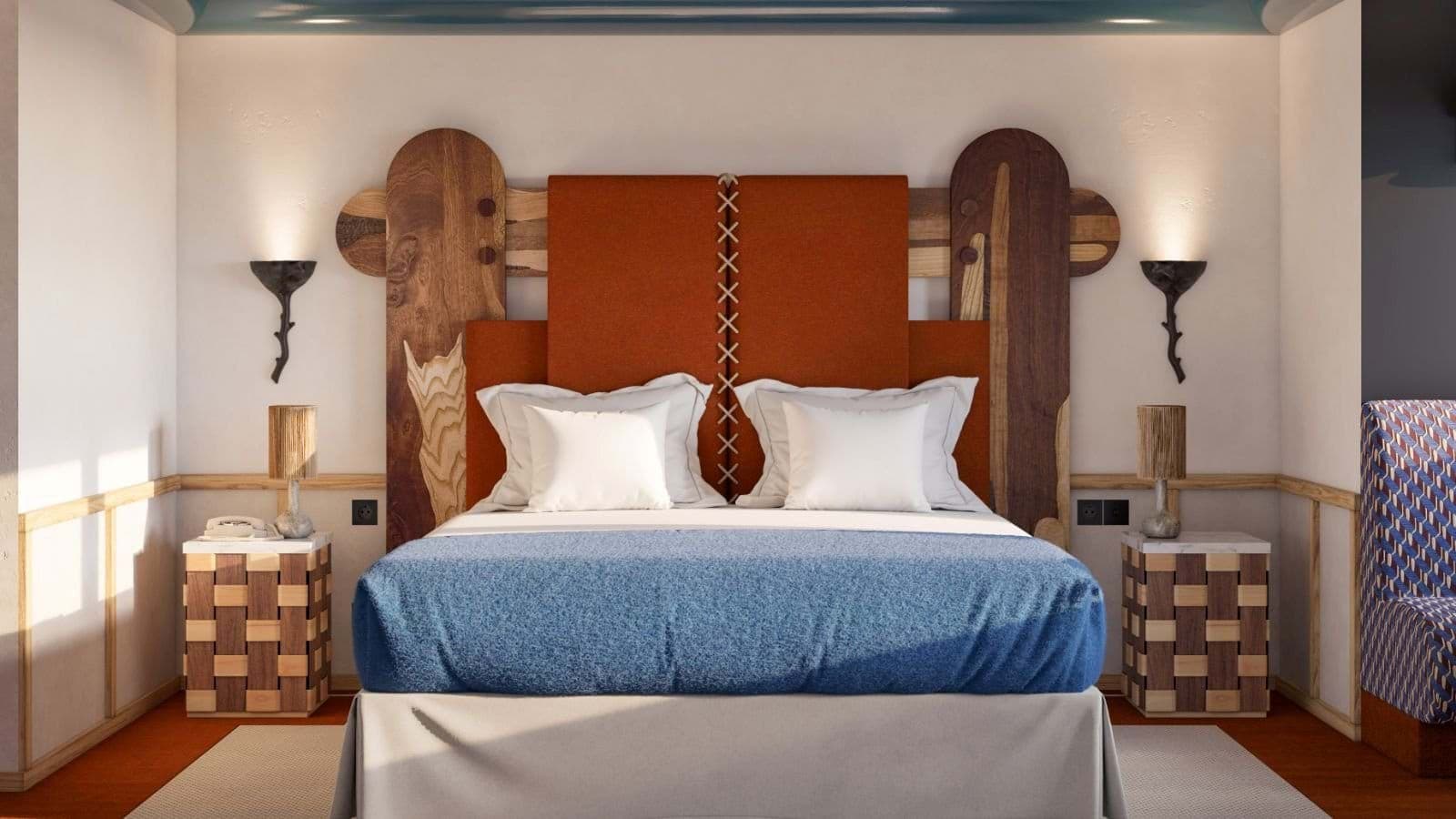 Guest bedroom with king bed and custom wood headboard