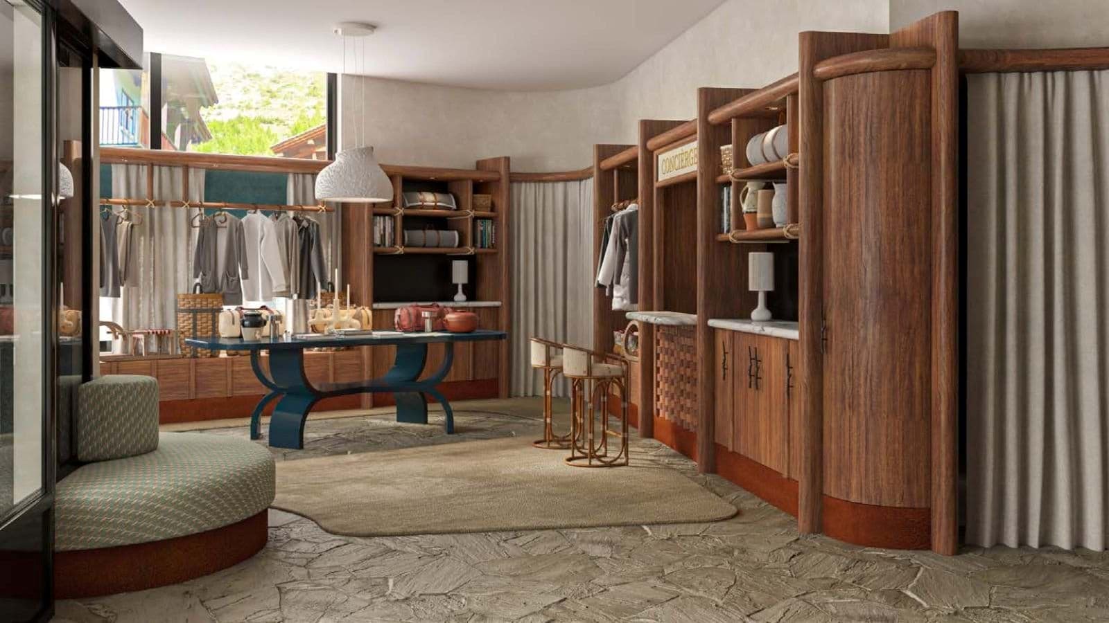 Lobby concierge desk and boutique shop with flagstone flooring