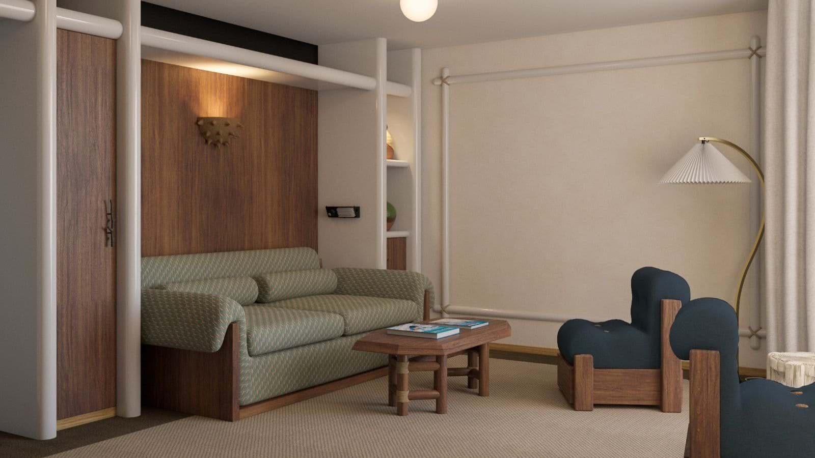 Living area with sofa bed and custom wood paneling