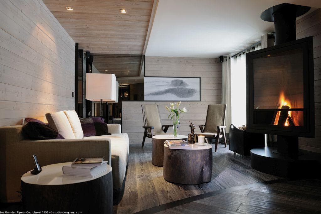 Living area with wood-burning fireplace and three-sided glass hearth