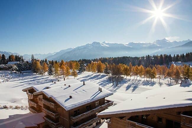 Balcony view overlooking snow-covered mountains and alpine forest