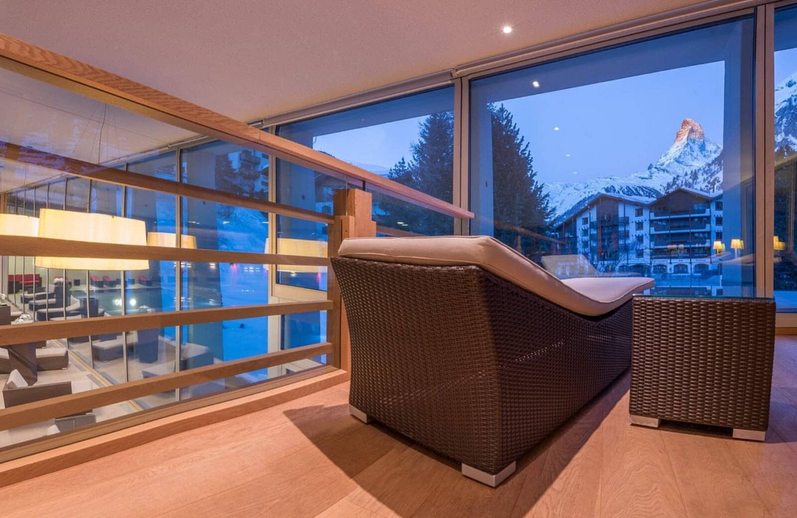 Relaxation lounge overlooking pool with Matterhorn mountain views