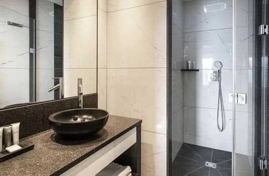 Bathroom featuring vessel sink and walk-in shower with rainfall head