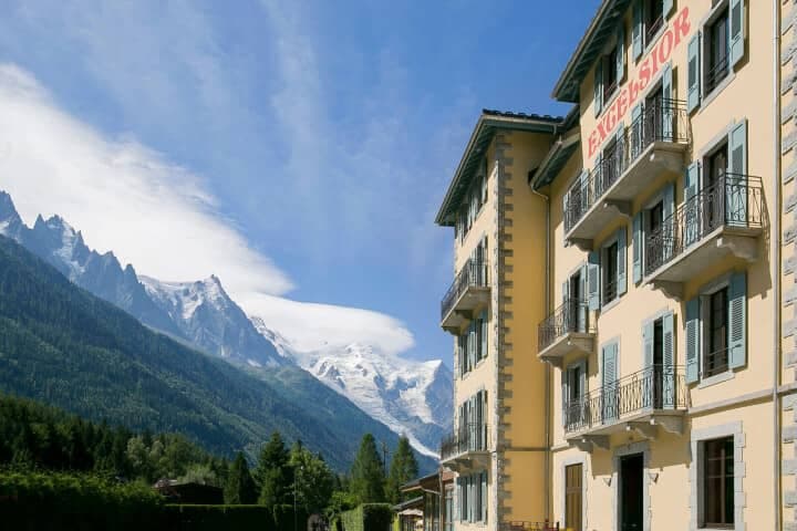Hotel Excelsior exterior with private balconies and Mont Blanc views